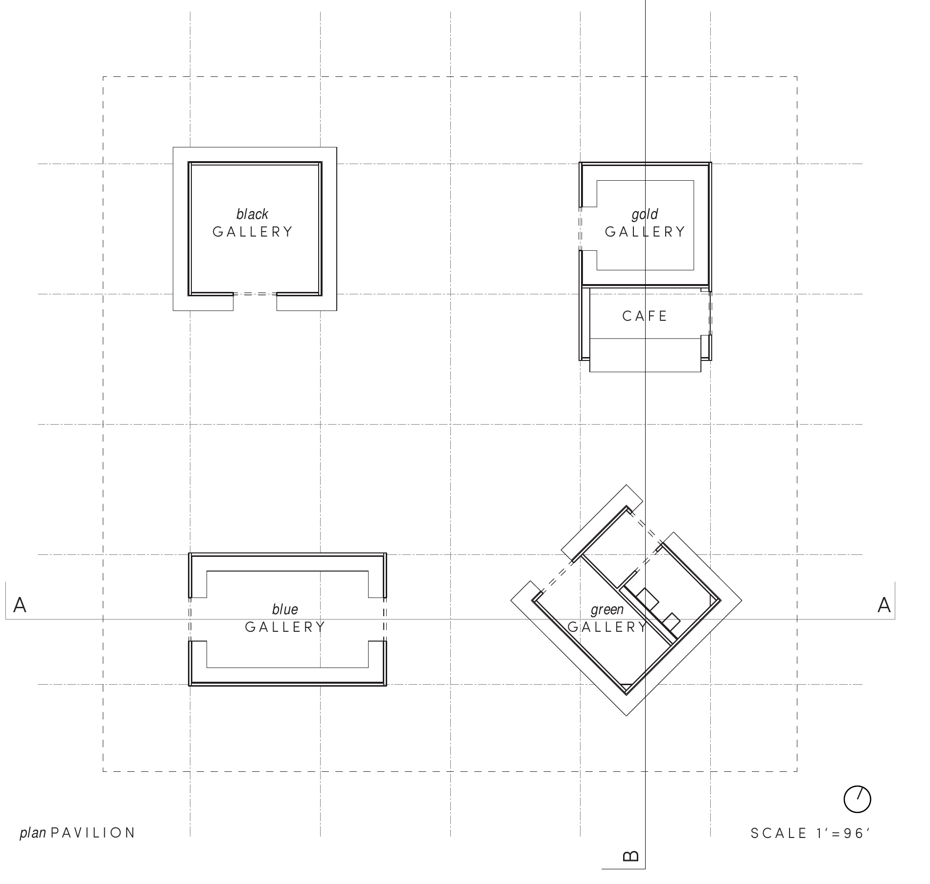 Porta Rosa pavilion plan showing the four galleries beneath a shared roof